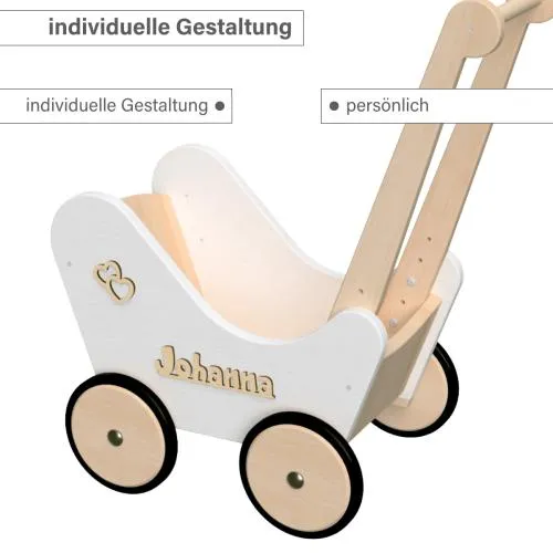 Lauflern Puppenwagen weiß personalisierbar mit Namen und Herzchen per 3D Buchstaben