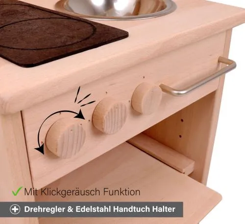 Kinderküche Däumelinchen - Drehregler mit Klickgeräusch Funktion und einer Handtuch Halterung mit Edelstahlgriff