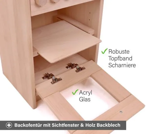 Kita Kinder Küche Däumelinchen - Backofentür mit Acryl Glas Sichtfenster und herausschiebbarem Holz Backblech