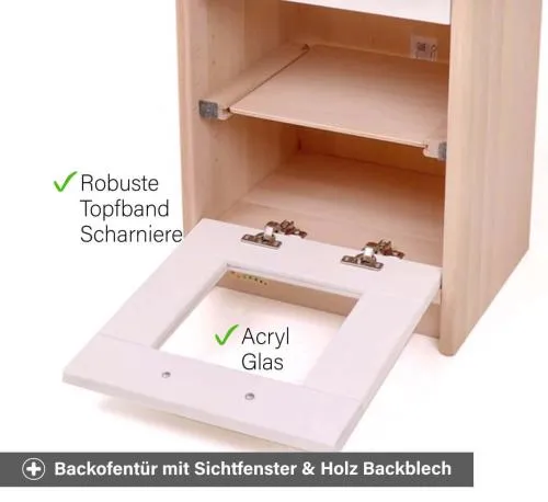 Kita Kinder Küche Däumelinchen weiß - Backofentür mit Acryl Glas Sichtfenster und herausschiebbarem Holz Backblech