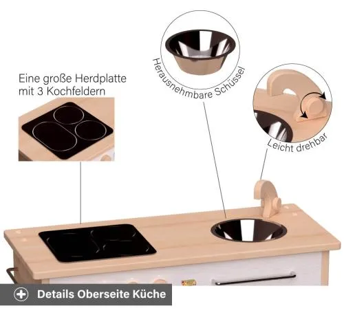 Kita Spielküche Rotkäppchen weiß - Mit 3 Kochfeldern, Schüssel und drehbarem Wasserhahn Knopf