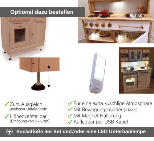 Kinder Spielküche Gretel Zubehör - Sockelfüße für Stabilität und/oder eine LED Lampe für wohliges Licht.