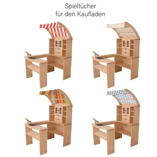 Kaufladen Spieltuch in verschiedenen Farben erhältlich - rot weiß gestreift, Beige, bunt gestreift, blau kariert.