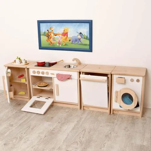 Kinder Kühlschrank aus Holz - mit Spielzeug Kochsets