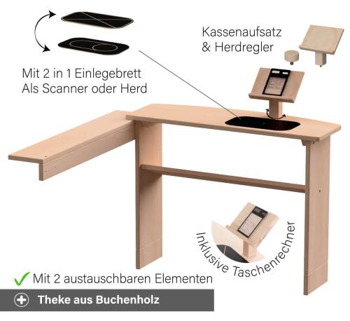 Kita Kaufladen Theke mit vielen Funktionen - Beidseitiges Brett, austauschbare Elemente und ein Taschenrechner