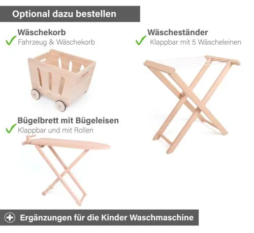 Kinder Waschmaschine - Optionales Zubehör - Wäschekorb, Wäscheständer oder Bügelbrett mit Bügeleisen