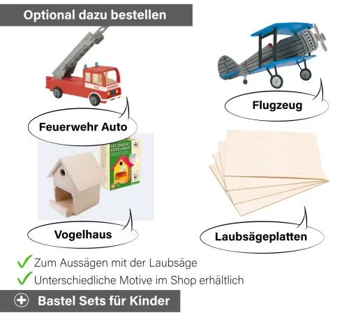 Kinder Werkbank Bastel Sets – Feuerwehr Auto, Flugzeug, Vogelhaus & Laubsägeplatten