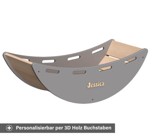 Kinderwippe Montessori grau - Personalisierbar per 3D Holzbuchstaben.