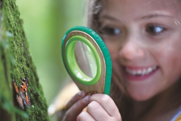 Kind hält Lupen-Glas und beobachtet Schmetterling in der Natur.