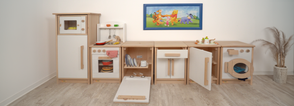 Weißer Kinder-Küchenblock | Kinderwaschmaschine | Spielküche | Kühlschrank | Kinderschrank