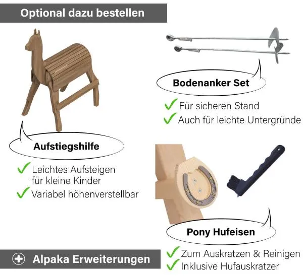 Alpaka mit Erweiterungen - Aufstiegshilfe, Bodenanker und Putzhilfe