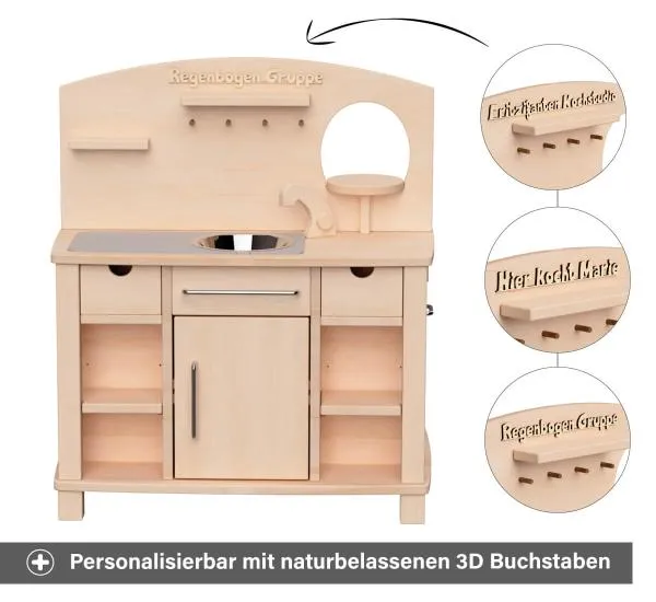 Kita Kinderküche Cinderella - Personalisierbar mit naturbelassenen 3D Holz Buchstaben