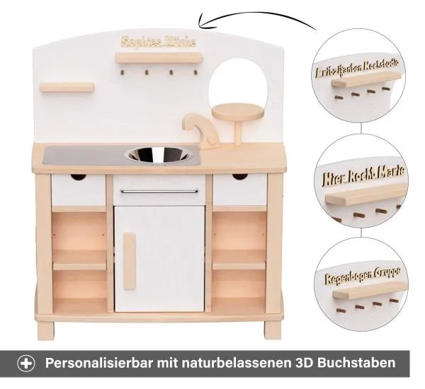 Kinderküche Cinderella weiß - Personalisierbar mit naturbelassenen 3D Holz Buchstaben