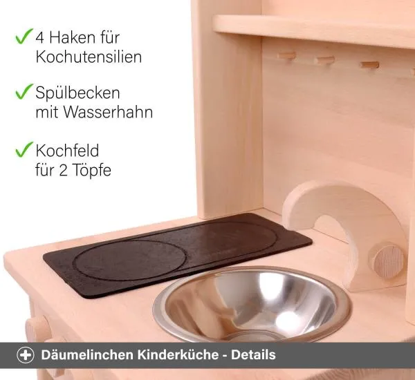 Kinderküche Kita Däumelinchen - Haken, Spülbecken mit Wasserhahn und ein Kochfeld für 2 Töpfe