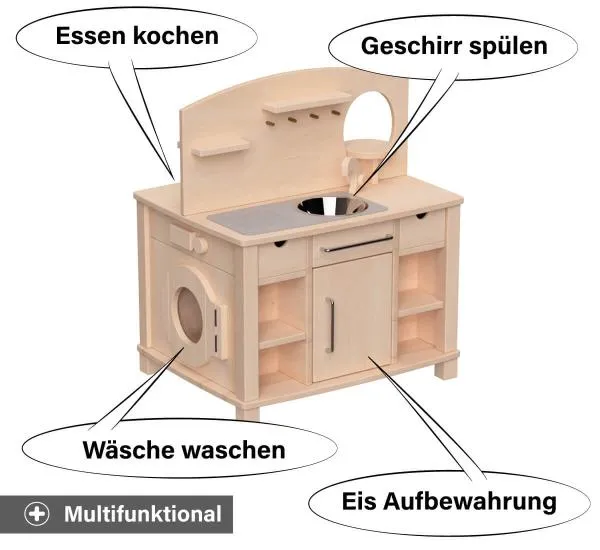 Kita Kinder Spielküche Cinderella - Multifunktionale Verwendung - Zum Essen kochen, Geschirr spülen und Wäsche waschen