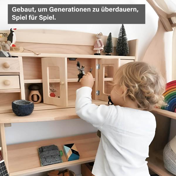 Marktstand Spielständer Set mit Kaufladen, Theke & Dach-Markise aus Buchenholz massiv im Waldorf Stil