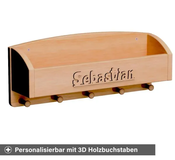 Kindergarderobe klein - Personalisierbar mit Namen in 3D Buchstaben aus Holz