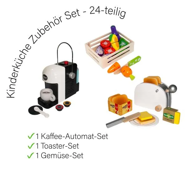 Kinderküche Zubehör Set 24-teilig - mit Kaffee Automat, Toaster und Gemüse