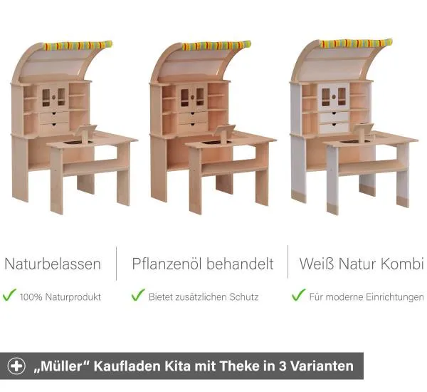 Kita Kaufmannsladen Farbvarianten - In natur, Pflanzenöl behandelt oder weiß Kombination