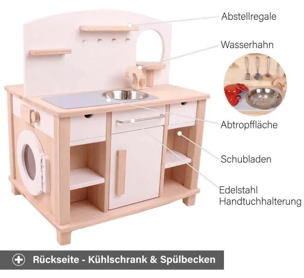 Kita Kinderküche Cinderella weiß - Rückseite- Mit Kühlschrank und Spülbecken