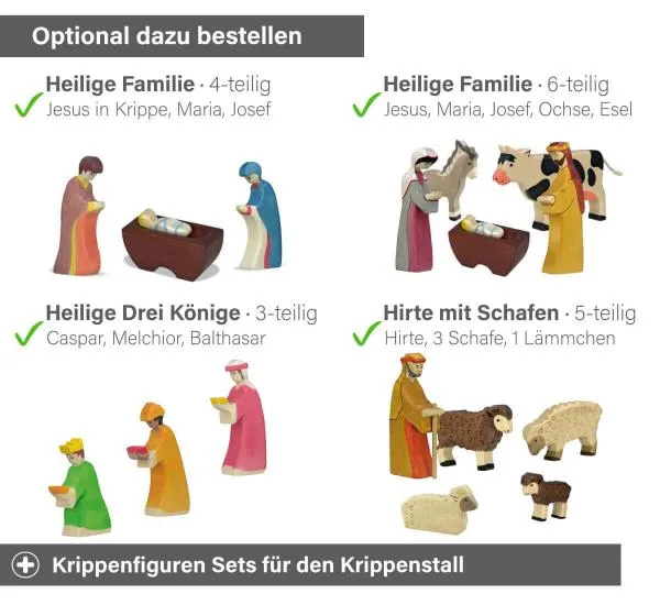 Krippenstall Figuren - Jesus, Maria, Josef, Ochse, Esel, Heilige 3 Könige, Hirte mit Schafen