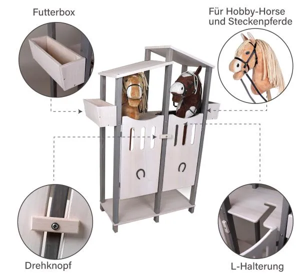 Hobby Horse Stall - mit 2 Futterboxen, L-Halterung, Drehknopf