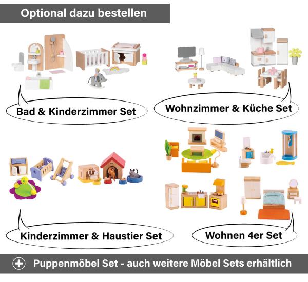 Puppenhaus - Bad, Kinderzimmer, Wohnzimmer, Küche, Haustiere, Wohnen Set