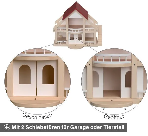 Puppenhaus Villa weiß mit 2 Schiebetüren für den Wohnungseingang, eine Garage oder einen Tierstall