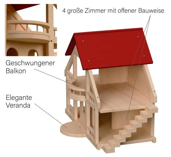 Puppenhaus Villa - mit Treppe, Balkon, Veranda und 4 großen Zimmern