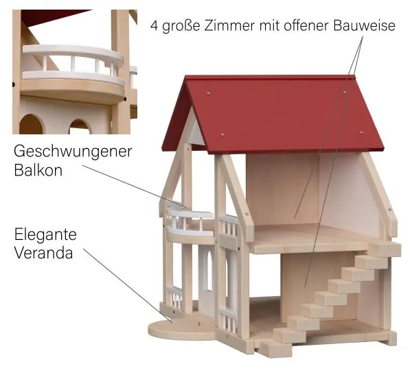 Puppenhaus Villa weiß - mit Treppe, Balkon, Veranda und 4 großen Zimmern