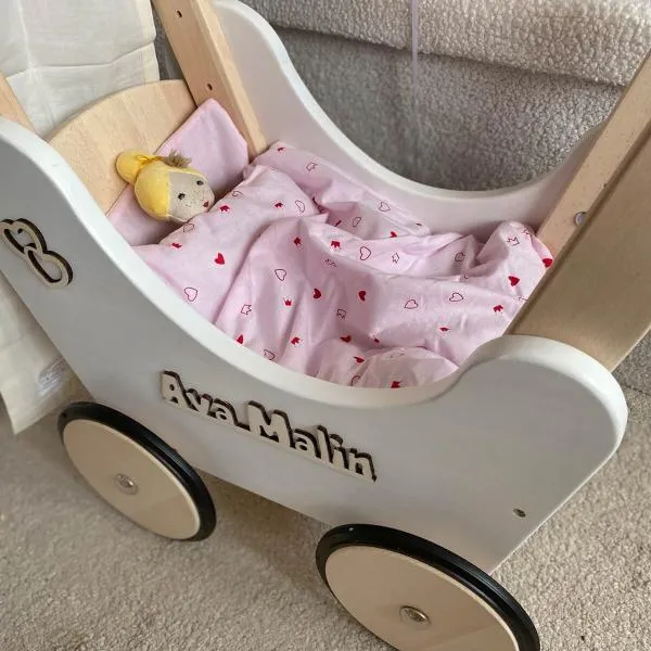 Puppenwagen weiß aus Holz - Für die Baby Puppe zum Schieben