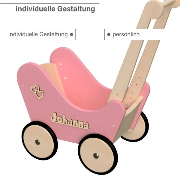 Lauflern Puppenwagen rosa pink personalisierbar mit Namen und Herzchen per 3D Buchstaben