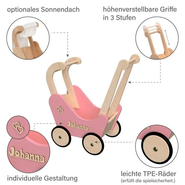 Waldorf Puppenwagen rosa pink mit vielen Besonderheiten - mit höhenverstellbarem Griff + Sonnendach + Gummireifen + Personalisierbar