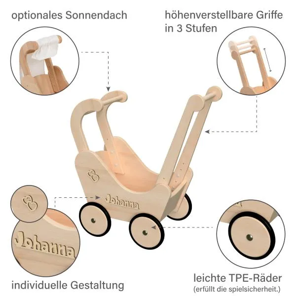 Waldorf Puppenwagen mit vielen Besonderheiten - mit höhenverstellbarem Griff + Sonnendach + Gummireifen + Personalisierbar