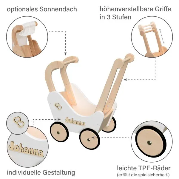 Waldorf Puppenwagen weiss mit vielen Besonderheiten - mit höhenverstellbarem Griff + Sonnendach + Gummireifen + Personalisierbar