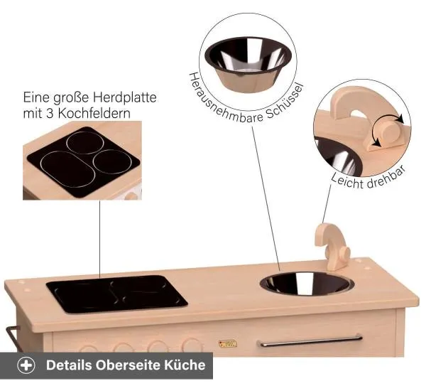 Spielküche Rotkäppchen - Mit 3 Kochfeldern, Schüssel und drehbarem Wasserhahn Knopf