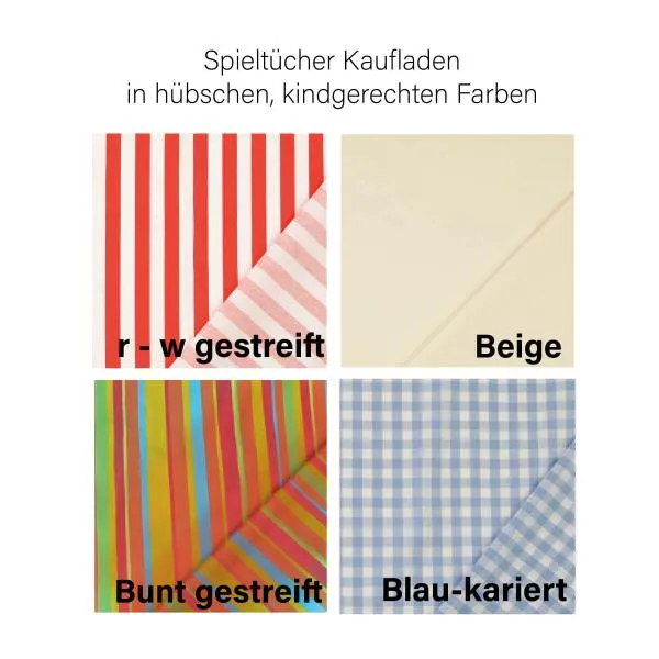 Kaufladen Spieltuch in verschiedenen Farben erhältlich - rot weiß gestreift, Beige, bunt gestreift, blau kariert.