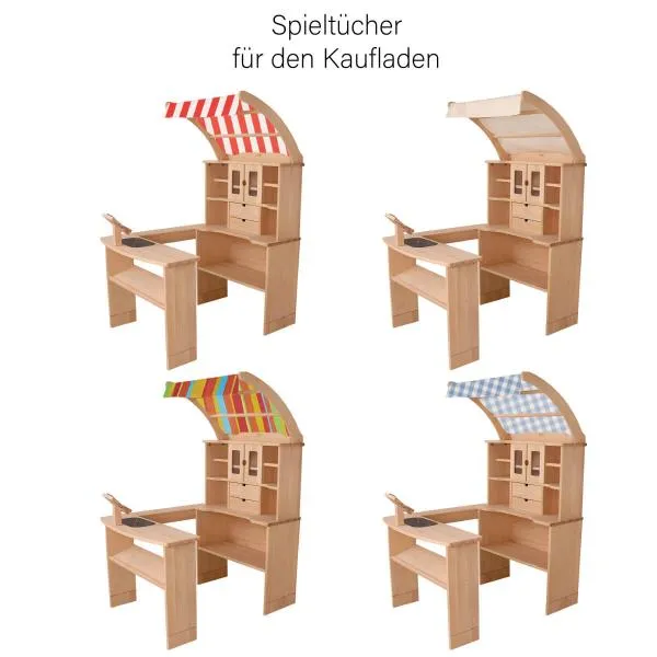 Kaufladen Spieltuch in verschiedenen Farben erhältlich - rot weiß gestreift, Beige, bunt gestreift, blau kariert.