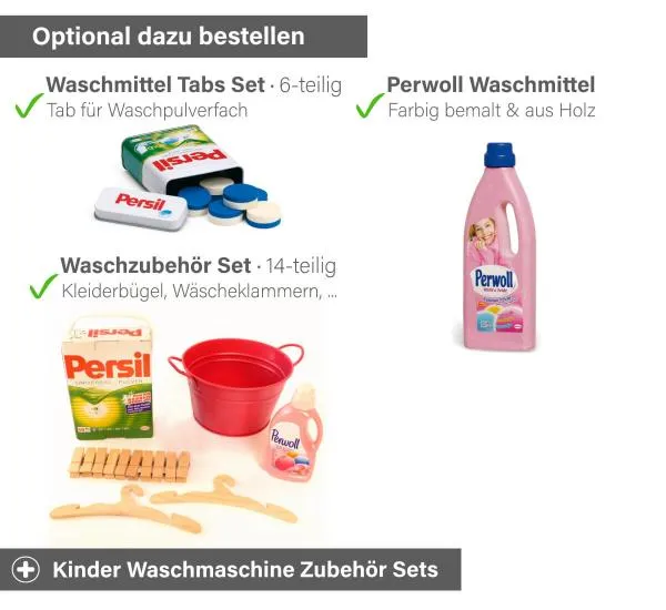 Kinder Waschmaschine weiß - Optionales Zubehör - Tabs, Perwoll Waschmittel oder ein Waschzubehör Set