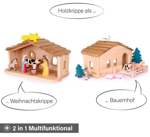 Krippenstall klein für Kinder mit Schindeln - Multifunktional verwendbar als Weihnachtskrippe oder Bauernhof